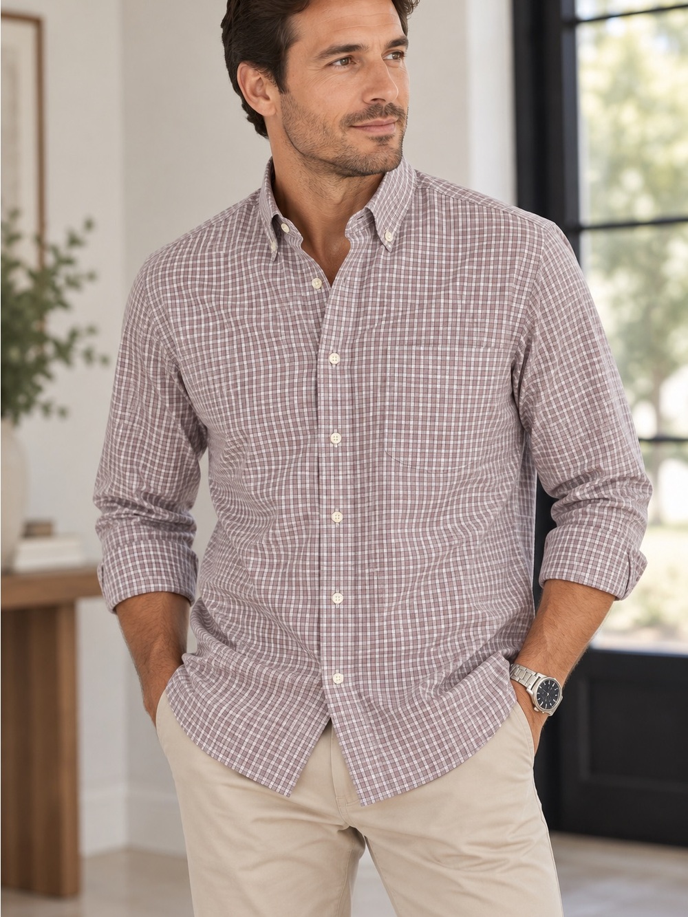 Brooks Brothers Men's Checked Button-Down Shirt - Taupe & White